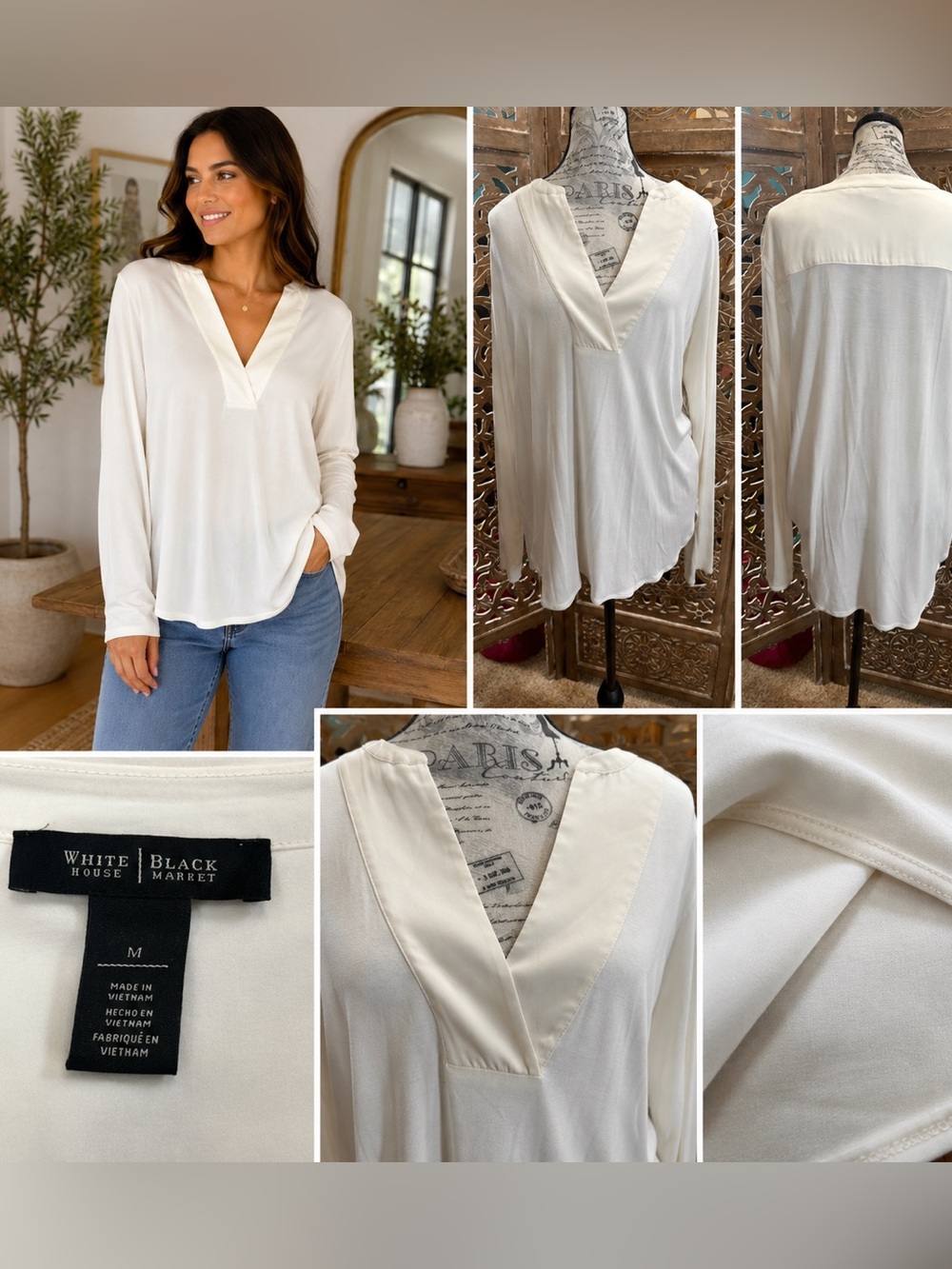 White House Black Market Cream V-Neck Long Sleeve Blouse - Picture 2 of 5